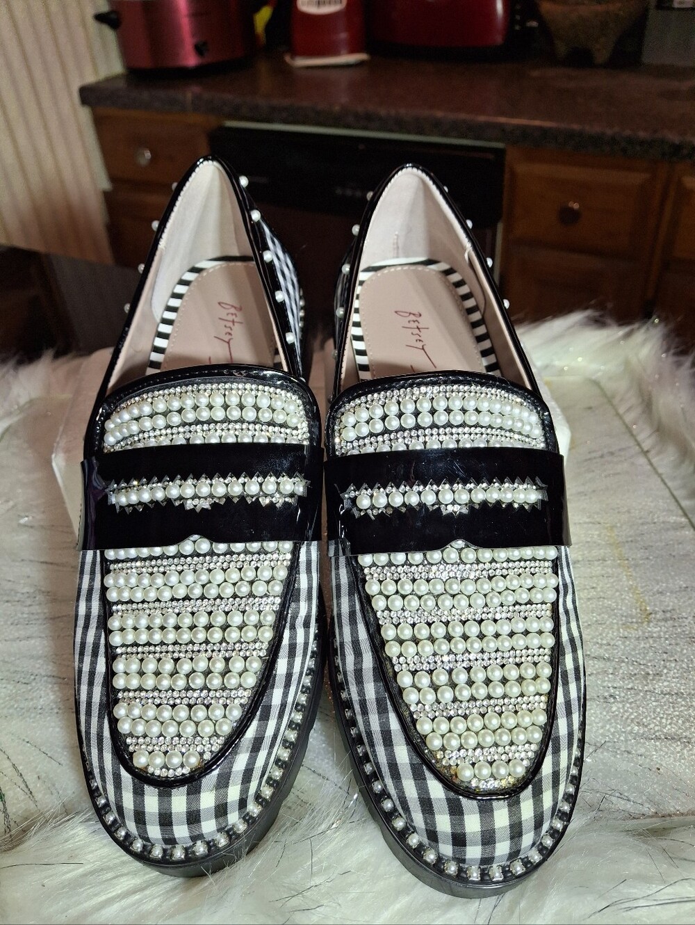 Betsey Johnson Darian Gingham Embellished Loafers Black & White Women Size 7 - Picture 4 of 16